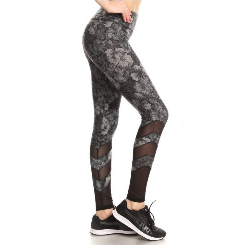 Shosho Gray Black Print Mesh Leggings